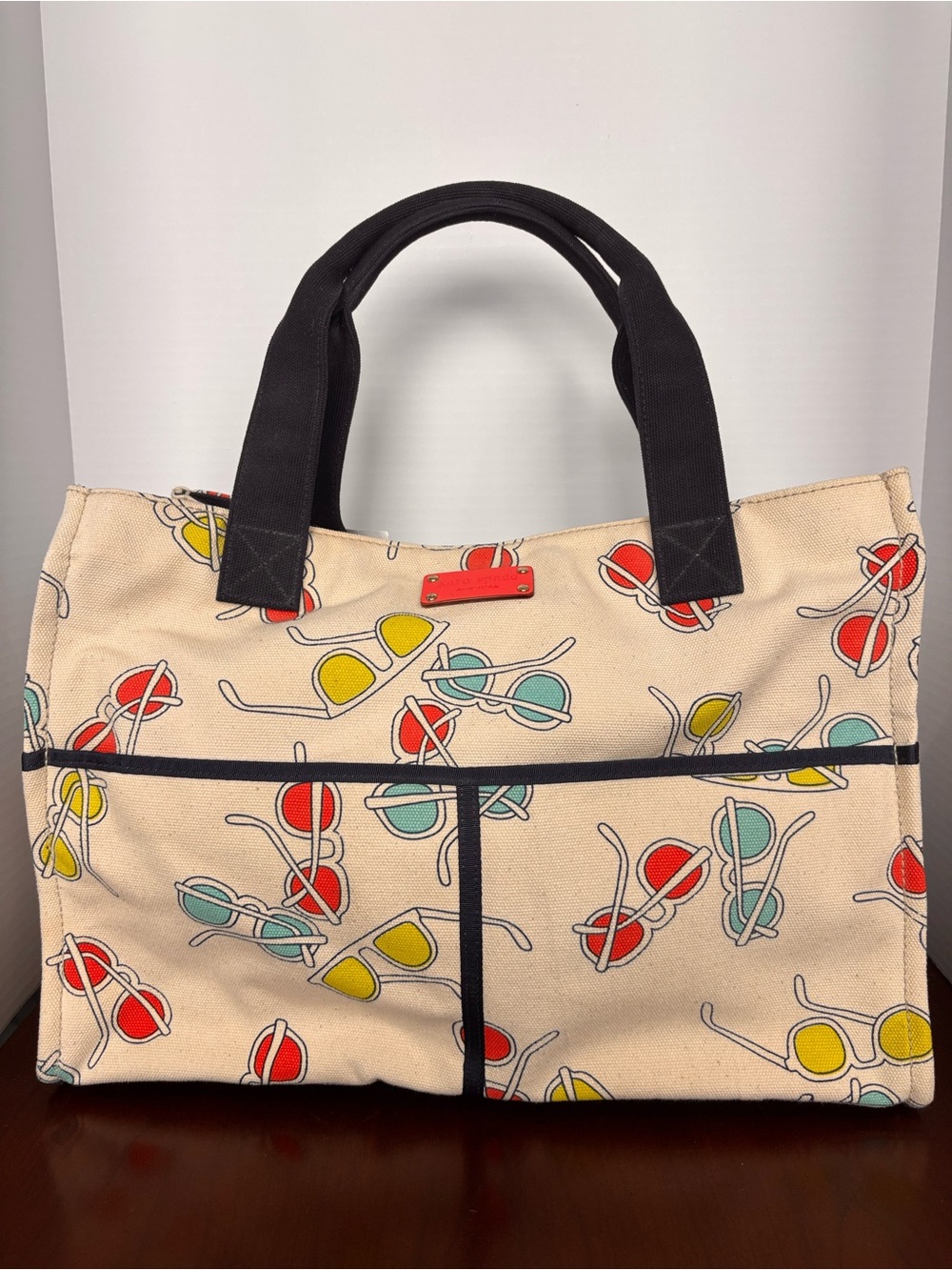 Kate Spade Canvas Sunglasses Print Tote Bag in Cream with Navy Handles NWT